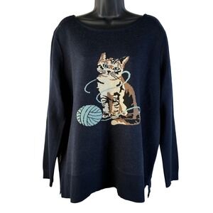 NWT Astrologie Size XL Navy Blue Cat Intarsia Yarn Knit Pullover Sweater Womens